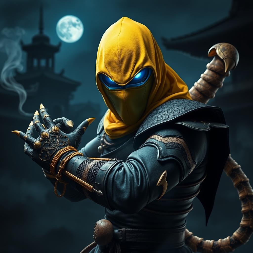 A fierce scorpion ninja, poised for action, wearing a striking yellow mask that covers his face, exuding an aura of mystery and danger