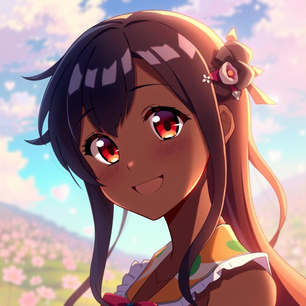 An anime girl with vibrant red eyes and smooth black skin, smiling brightly