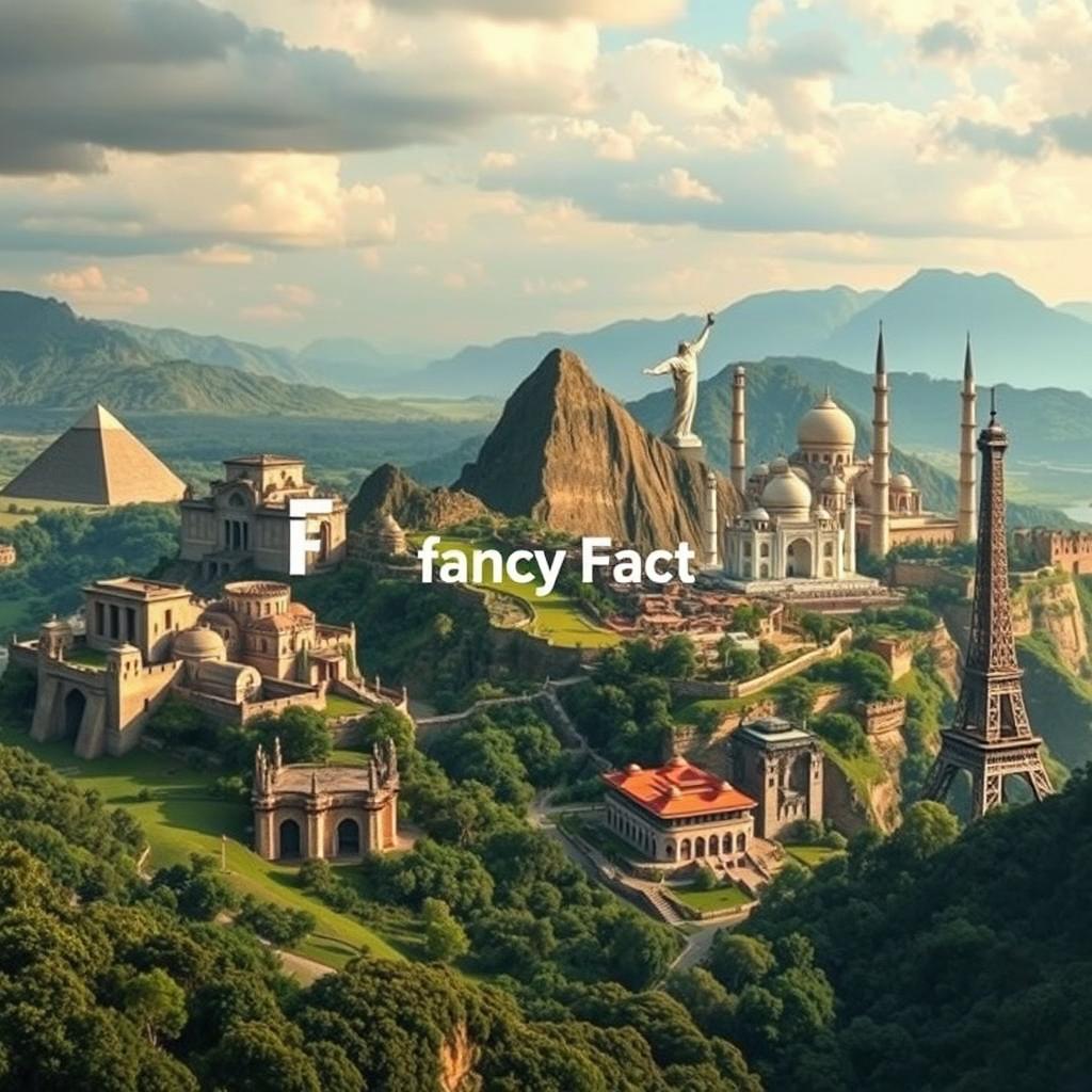 A dramatic panoramic view showcasing both the ancient and modern seven wonders of the world, beautifully blended together