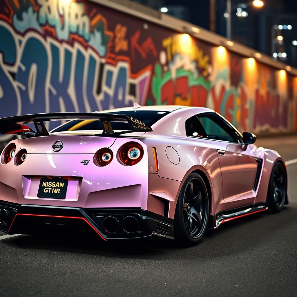 A Nissan GT-R tuning car featuring a modified body, aggressive stance, and two large exhaust pipes equipped with nitrous oxide system (NOS)