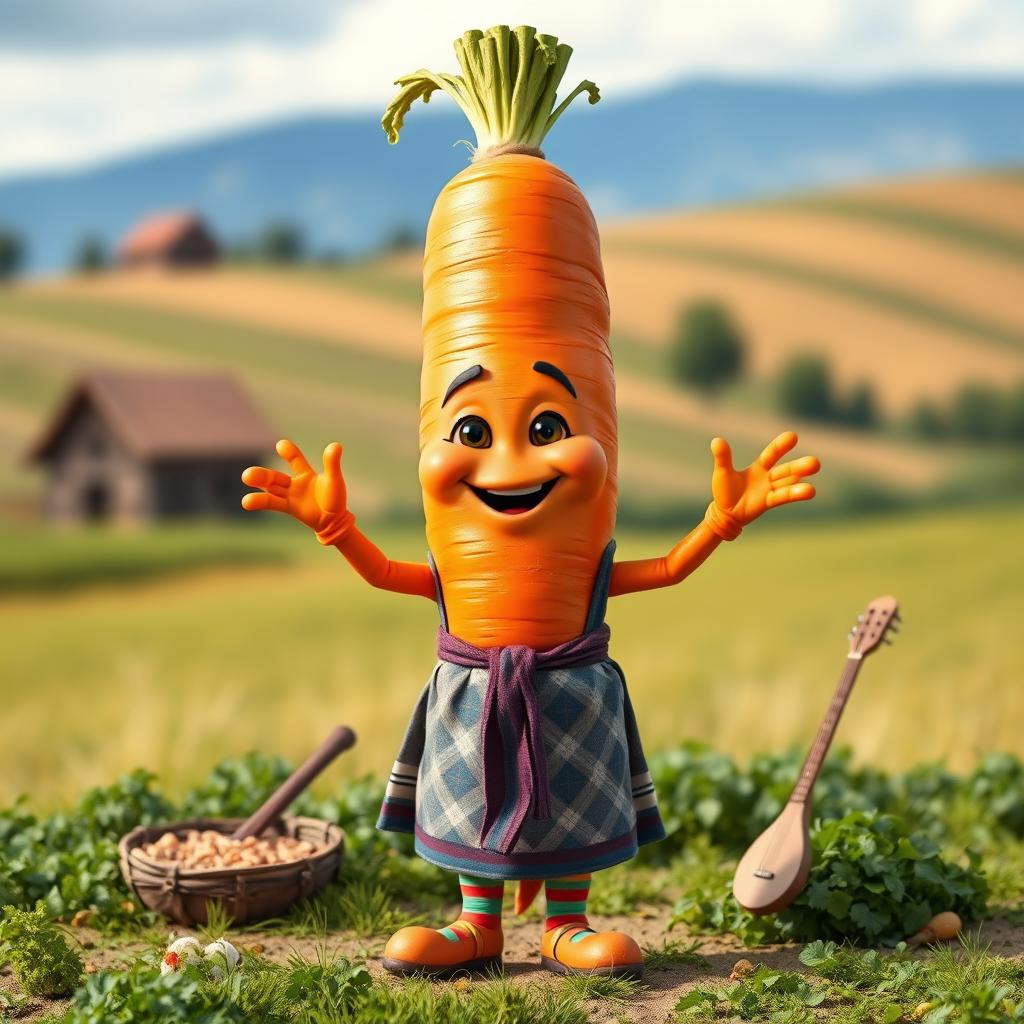 A realistic carrot character, anthropomorphized with human-like hands and legs, dressed in traditional Moldavian attire, showcasing vibrant colors and detailed texture of the carrot