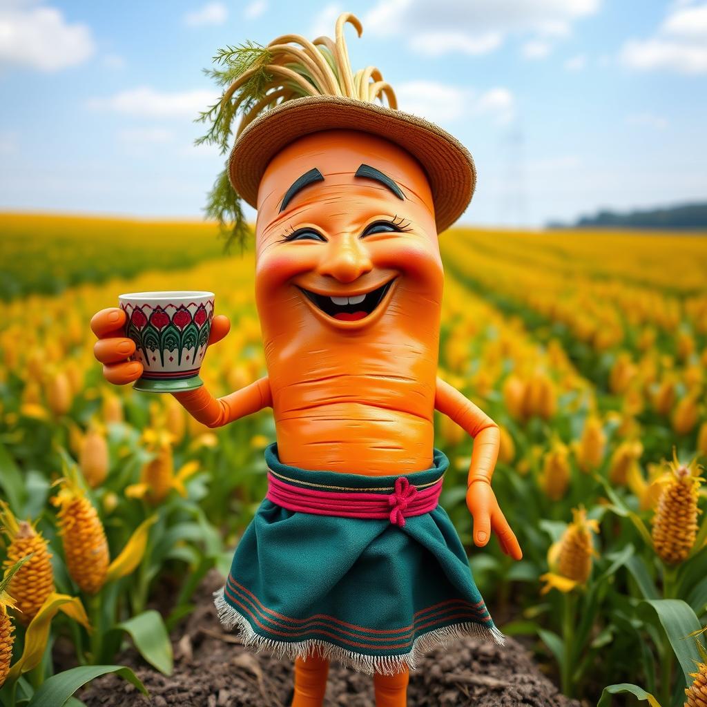A realistic carrot character, anthropomorphized with human-like hands and legs, dressed in traditional Moldavian attire, joyfully holding a decorative cup