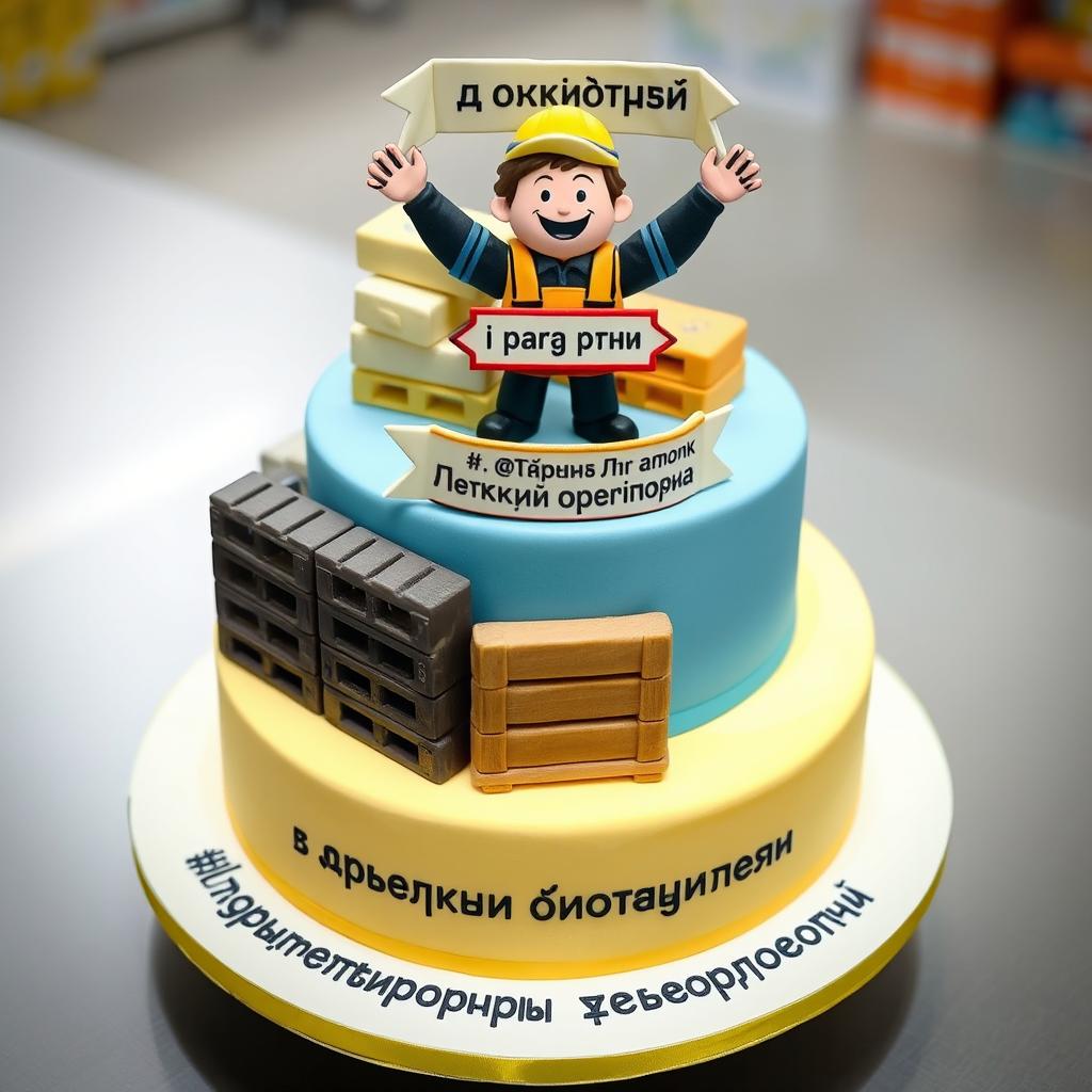 A two-tiered cake designed for the opening of a warehouse, featuring a stack of pallets and boxes placed around it
