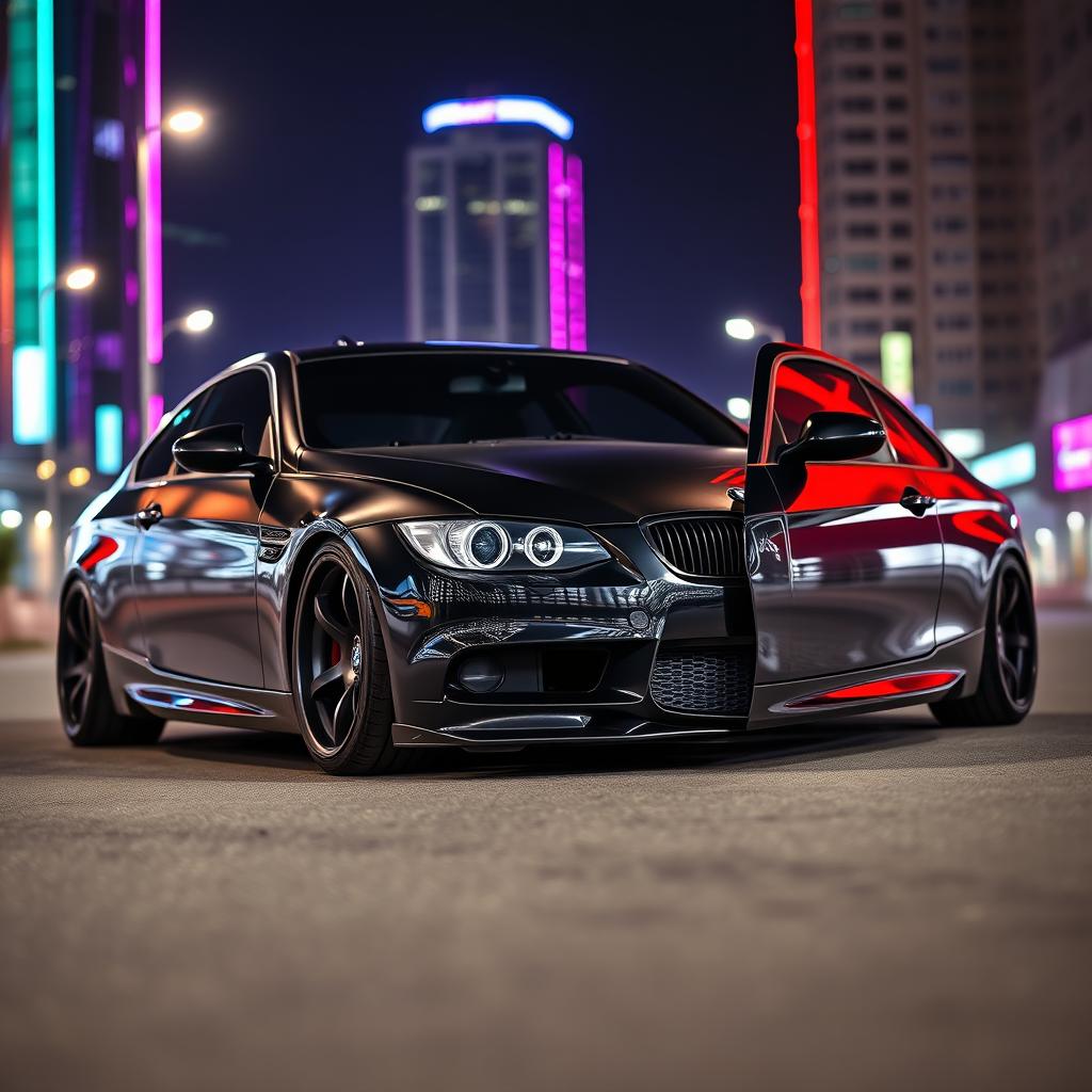 A powerful BMW E92 creatively modified with a Mercedes E63 AMG front bumper, showcasing a striking blend of automotive design