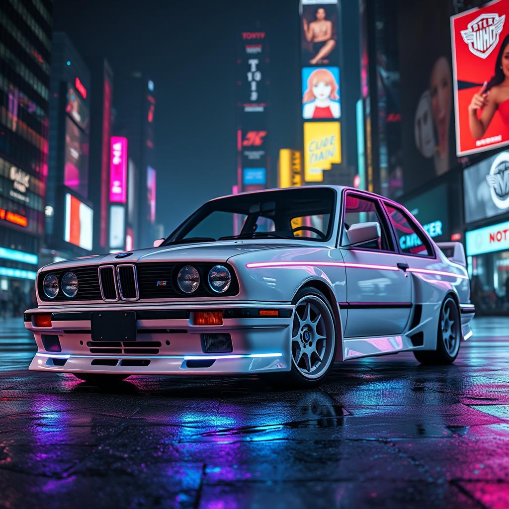A stunning white BMW E30 transformed into a cyberpunk masterpiece, featuring vivid neon accents and futuristic modifications