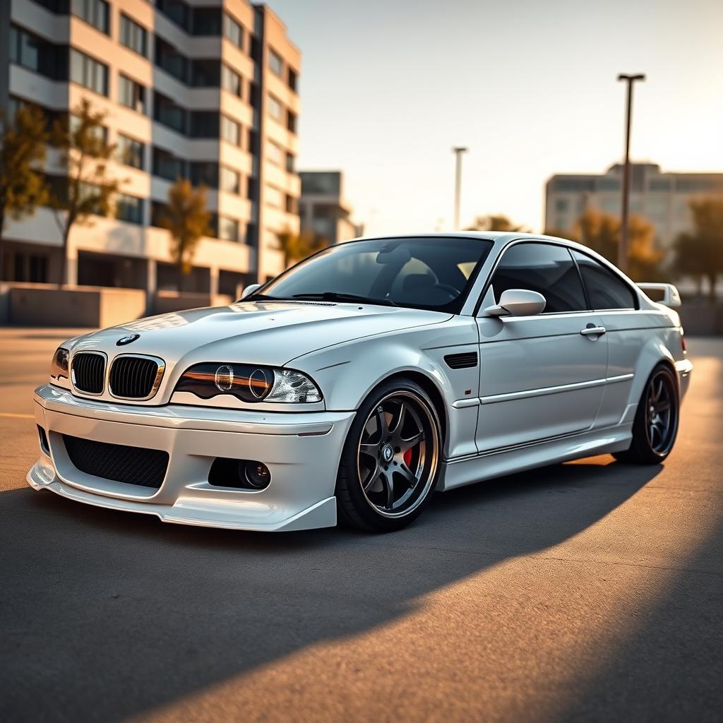 A striking white BMW E36 expertly modified with an aggressive BMW F10 body kit, showcasing a unique fusion of classic and modern design
