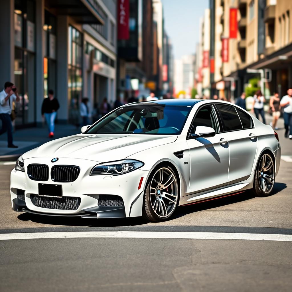 An impressive white BMW E60 modified with a sleek BMW F10 body kit, seamlessly blending the classic E60 design with modern touches