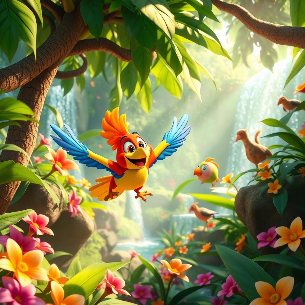 A vibrant and colorful 3D animation featuring a lively character named Zazu, an exotic bird with bright plumage and a playful personality