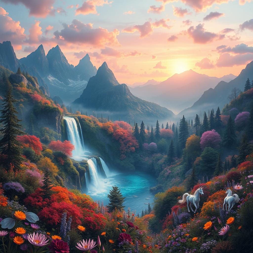 A breathtaking fantasy landscape depicting a vast enchanted forest filled with vibrant, colorful foliage