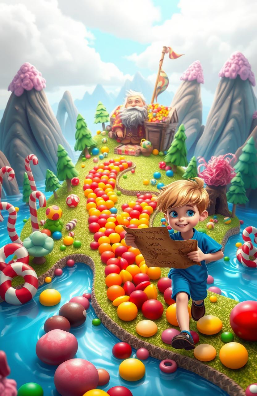 A whimsical island made entirely of colorful candies, featuring candy cane trees, gumdrop mountains, and chocolate rivers
