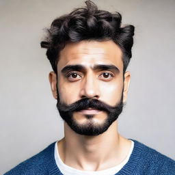 A man with a round face, large head, short hair, broad eyebrows, a large sharp nose, thick eyebrows, curly eyelashes with big eyes, a thin mustache, and a beard