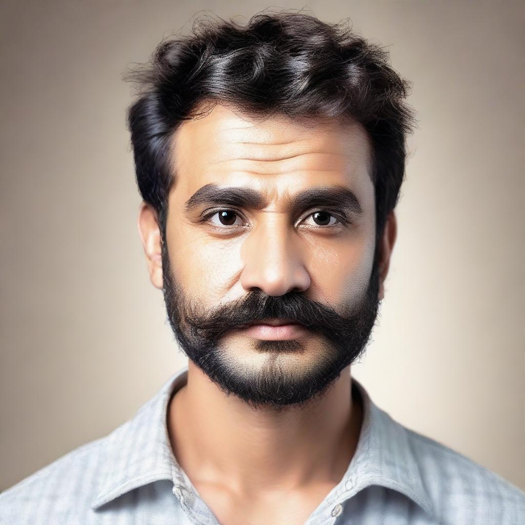 A man with a round face, large head, short hair, broad eyebrows, a large sharp nose, thick eyebrows, curly eyelashes with big eyes, a thin mustache, and a beard