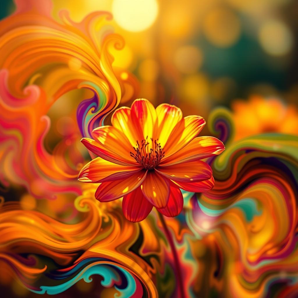 A stunning abstract art piece featuring a beautiful flower bathed in the warm light of a sunshine morning