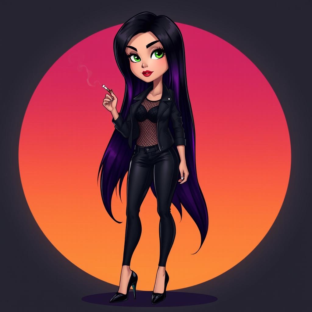 A beautiful Caucasian woman with long black hair that feather into a dark purple gradient, like a sunset in the sky