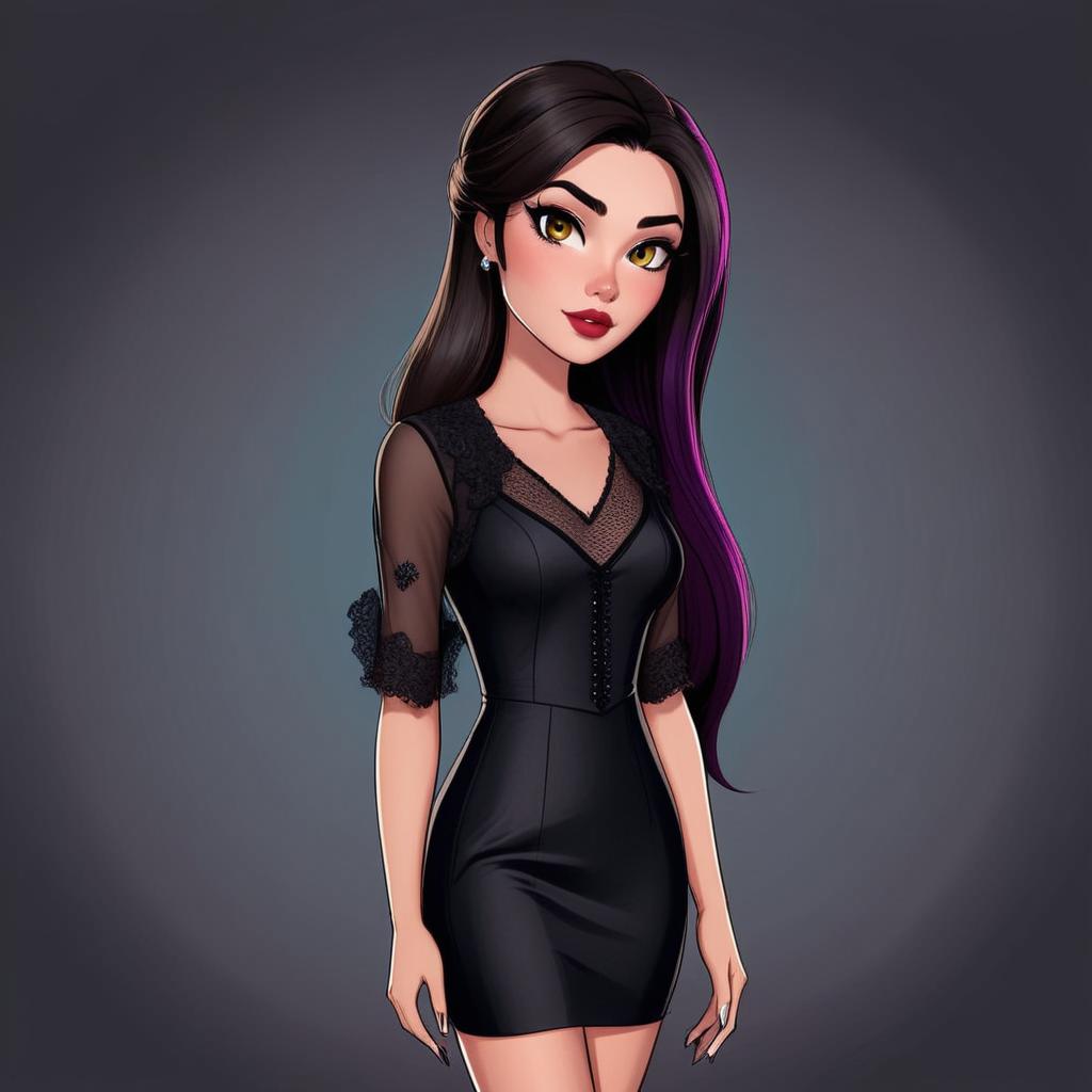 Recreate the same woman as a woman with brown eyes, long brown hair, wearing an elegant dinner dress, very innocent looking, in her early twenties.Create her as a cartoon-looking character.
