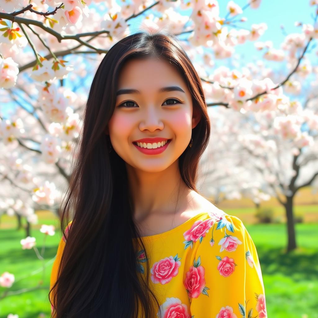 A beautiful Asian girl with long black hair, wearing a bright floral dress in a sunny park surrounded by blooming cherry blossom trees