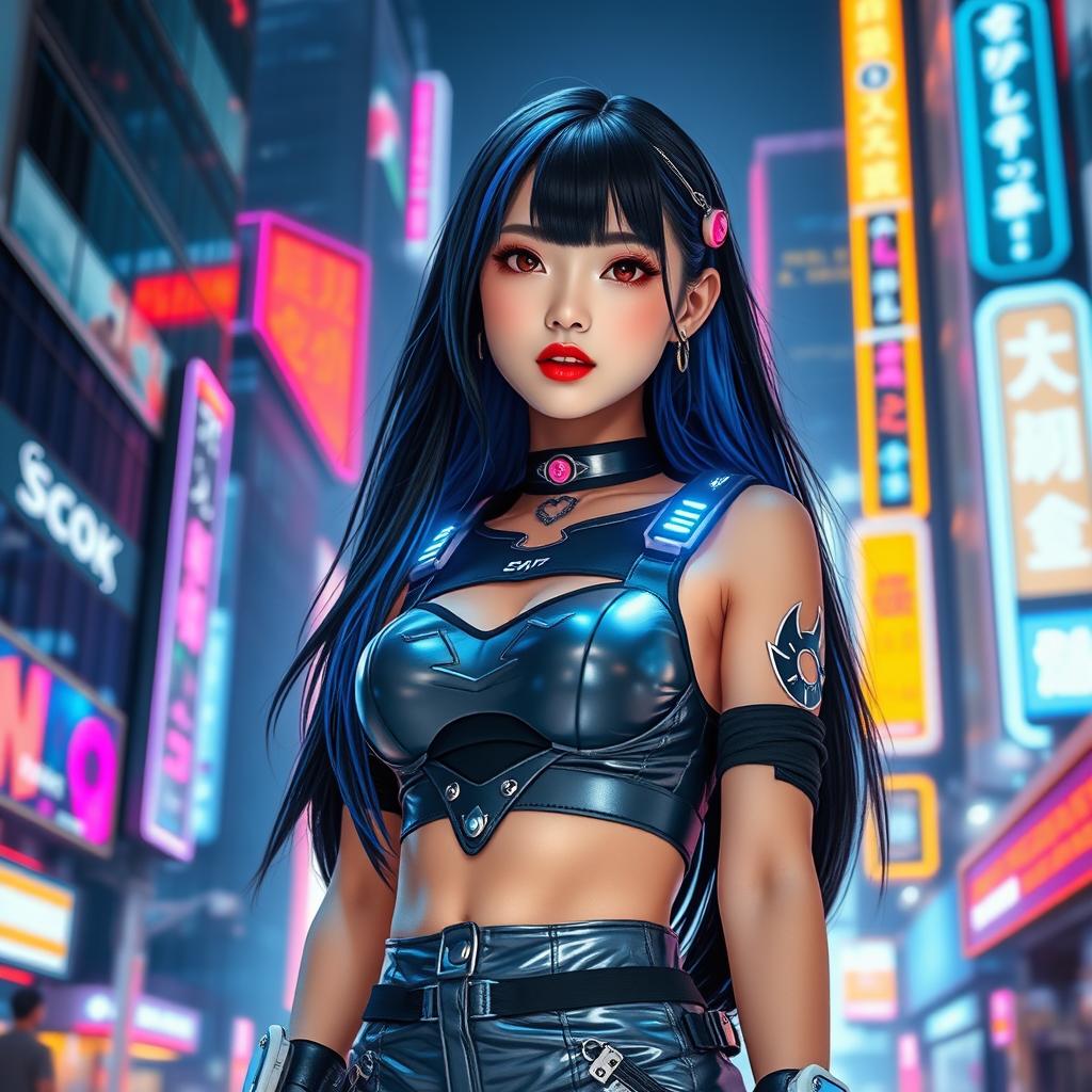 A full-body portrait of a beautiful Asian girl wearing a striking cyberpunk-inspired outfit with neon accents and futuristic accessories
