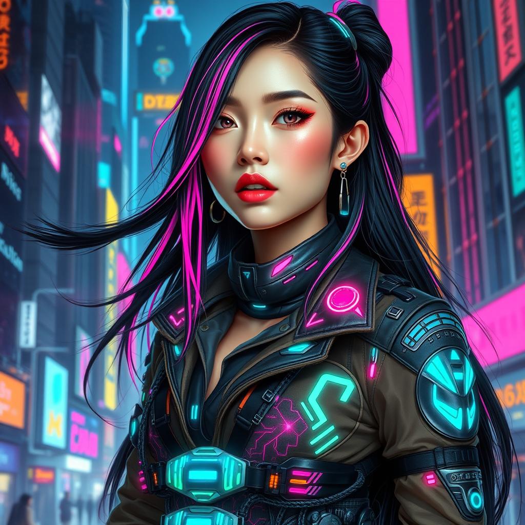 An ultra-realistic full-body portrait of a stunning Asian girl dressed in an elaborate cyberpunk outfit featuring intricate details and vibrant neon colors