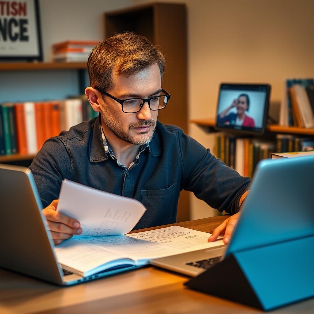 A regular man sitting at a desk, reviewing a financial plan or watching an educational video about investment on his laptop