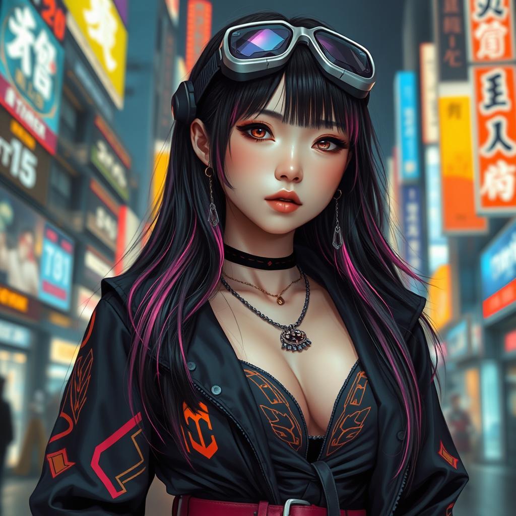 A realistic full-body portrait of an Asian girl dressed in a stylish cyberpunk outfit