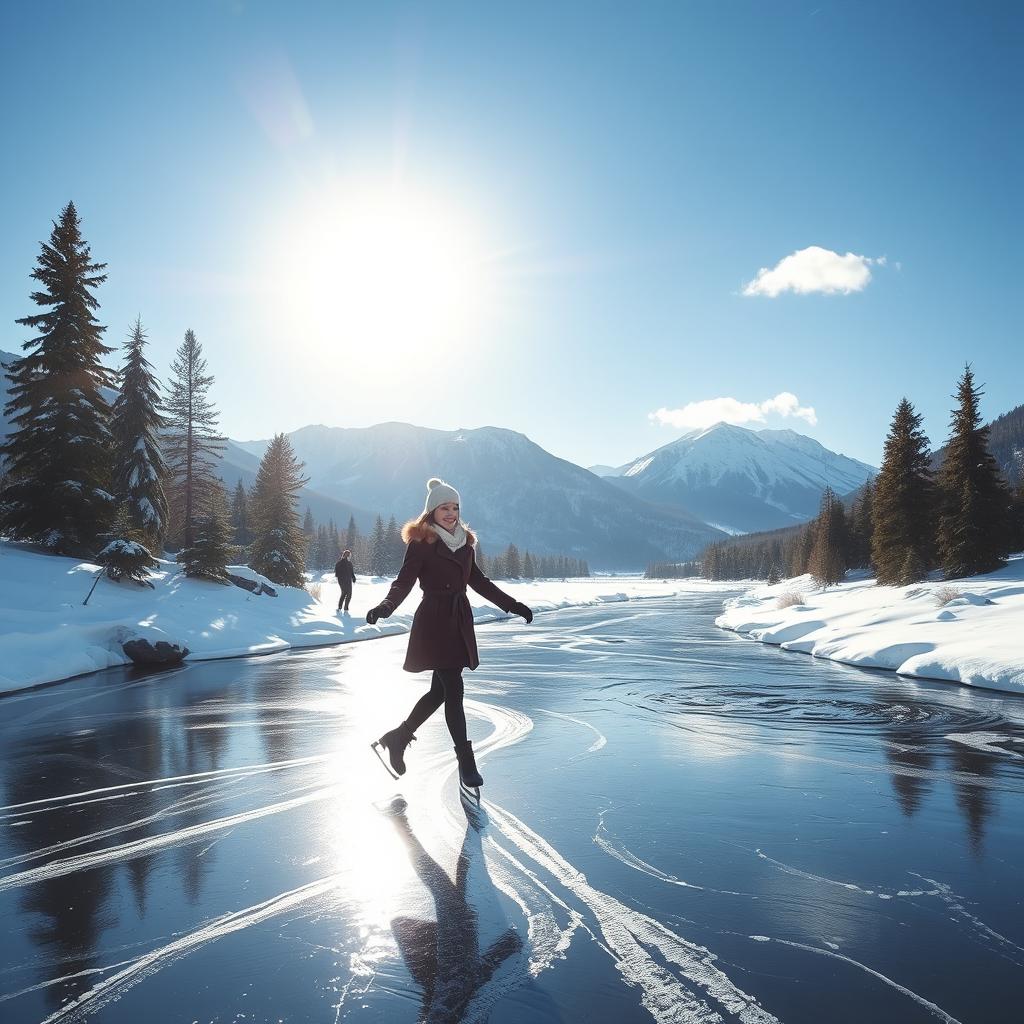 A serene winter landscape with snow-covered mountains in the background, a gentle stream flowing through the scene, and tall evergreen trees on either side