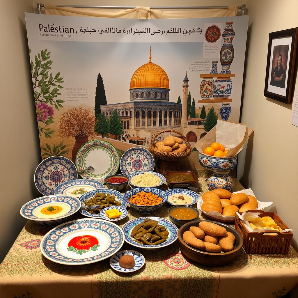 A beautifully arranged food corner for a Palestinian heritage exhibition inside a small room