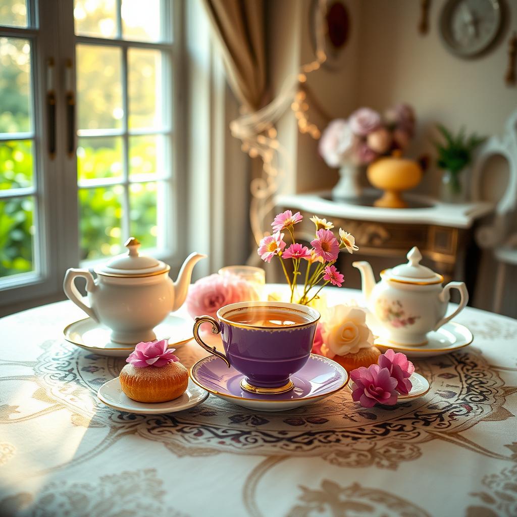 A stylish tea party setup, featuring a beautifully designed table with ornate tablecloth and delicate china