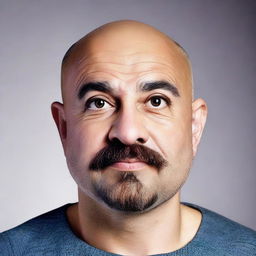 A man with a round face, a large head, bald, broad eyebrows, a large sharp nose, thick eyebrows, curly eyelashes with big eyes, a thin mustache, and a beard