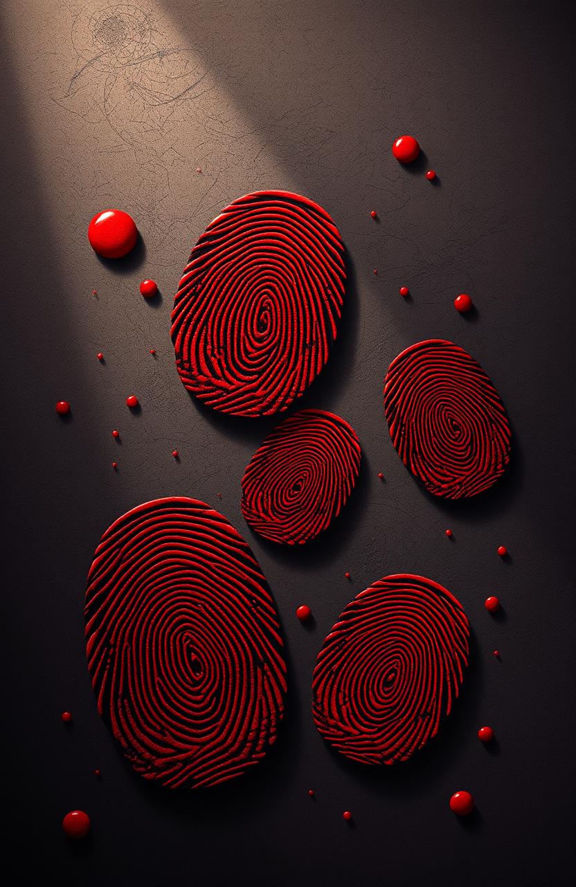 A highly detailed 2D illustration depicting fingerprint patterns intricately designed using vibrant red hues that resemble blood