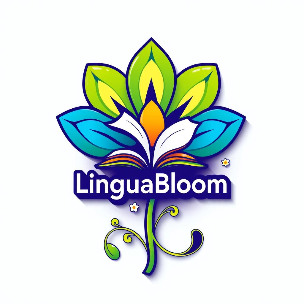 A vibrant and eye-catching logo for 'LinguaBloom' that visually represents the concept of learning English as blooming