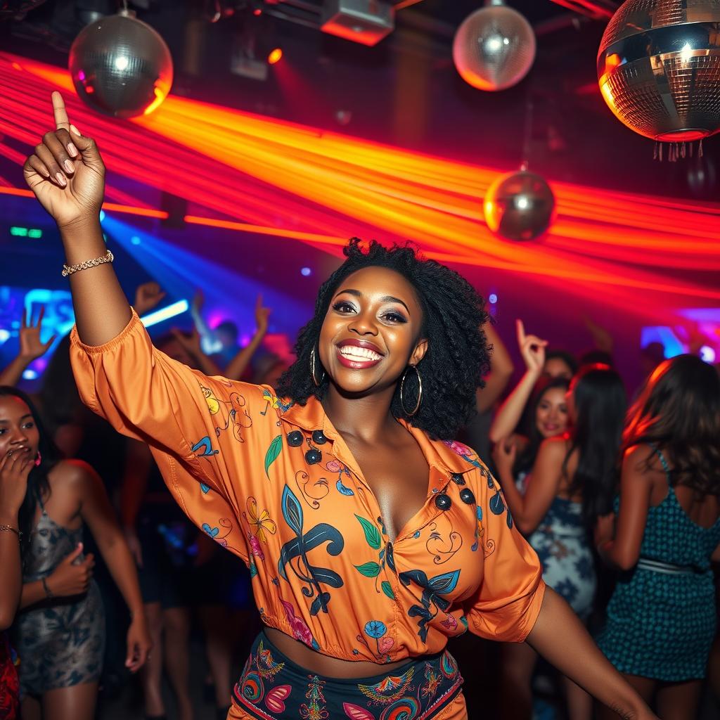 An electrifying nightlife scene featuring a charismatic black woman named Mc Mirella showcasing her vibrant performance at a liberal dance club