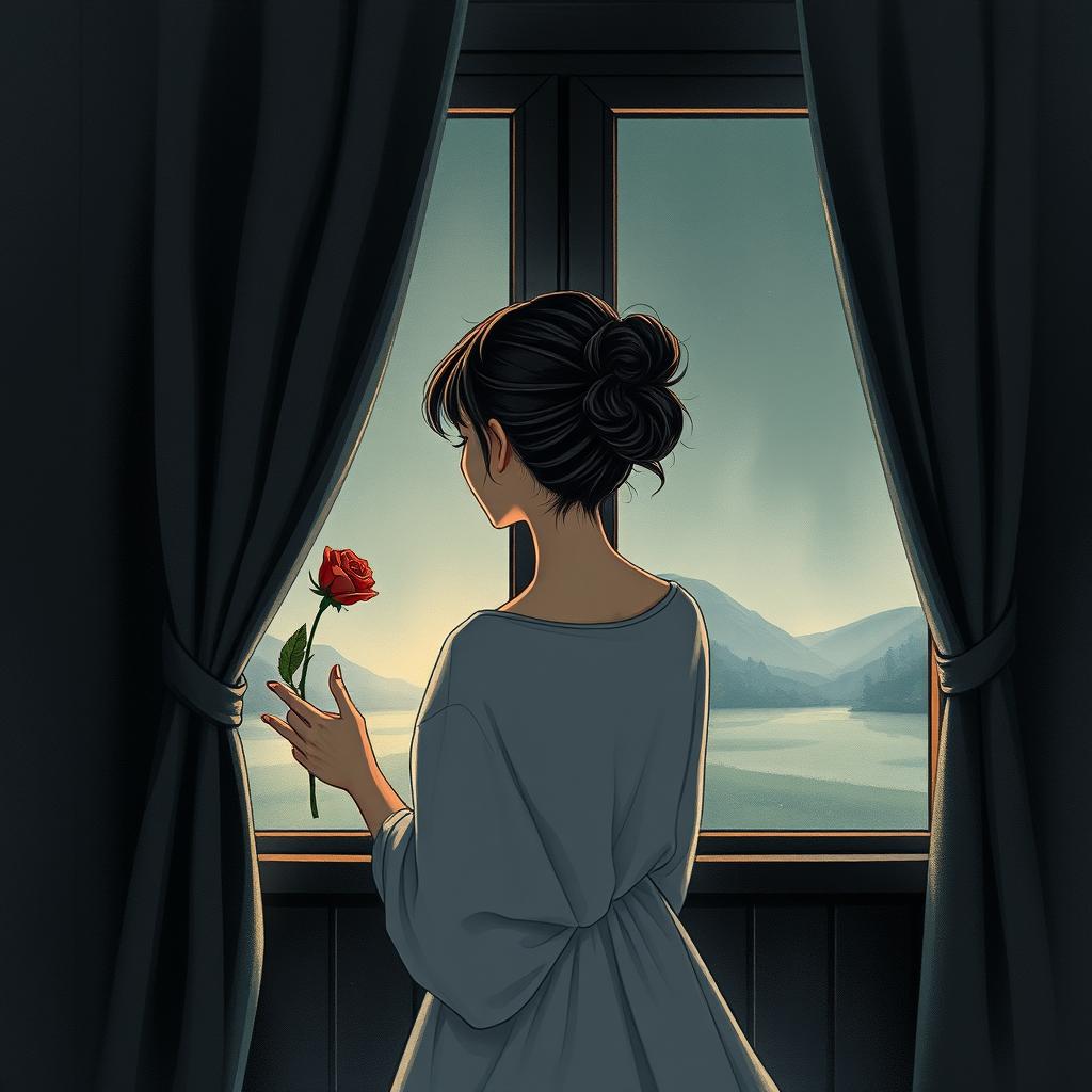 An A5 book cover featuring an illustration of a woman elegantly opening the window curtain