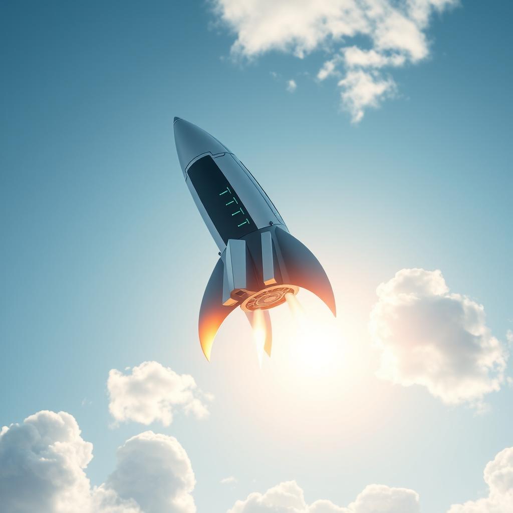 A futuristic rocket-shaped computer floating majestically in a clear blue sky, with fluffy white clouds surrounding it
