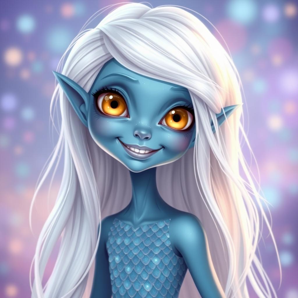 A cute adult alien woman, humanoid and merfolk-like, with stunning blue skin and delicate scales shimmering across her body