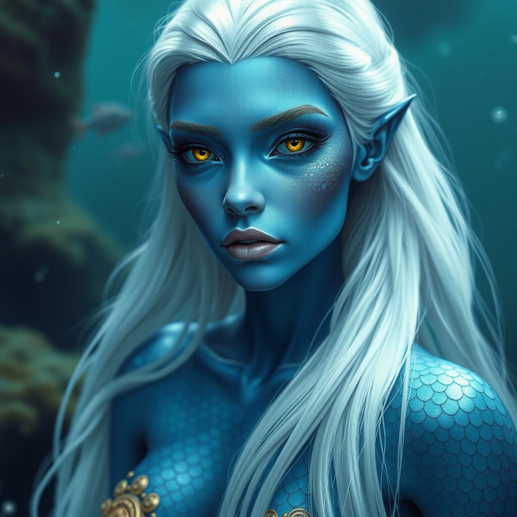 An adult humanoid merfolk woman with stunning blue skin and shimmering scales adorning her body