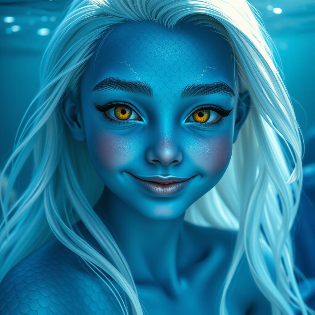 A captivating image of a young adult humanoid merfolk with blue skin and shimmering scales