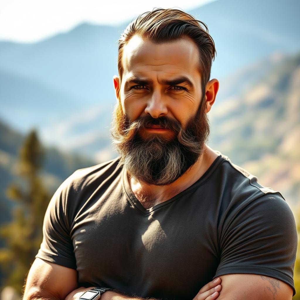 A rugged, bearded man aged 45, with deep brown eyes and a stocky physique, standing confidently in a natural outdoor setting