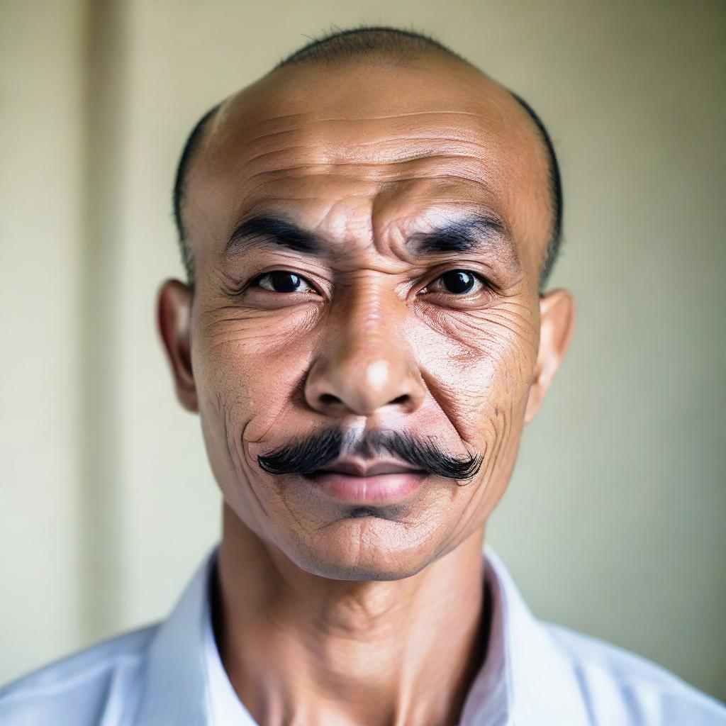 An Indonesian man with a round face, a large head, bald, broad eyebrows, a large sharp nose, thick eyebrows and curly eyelashes, big eyes and a thin mustache