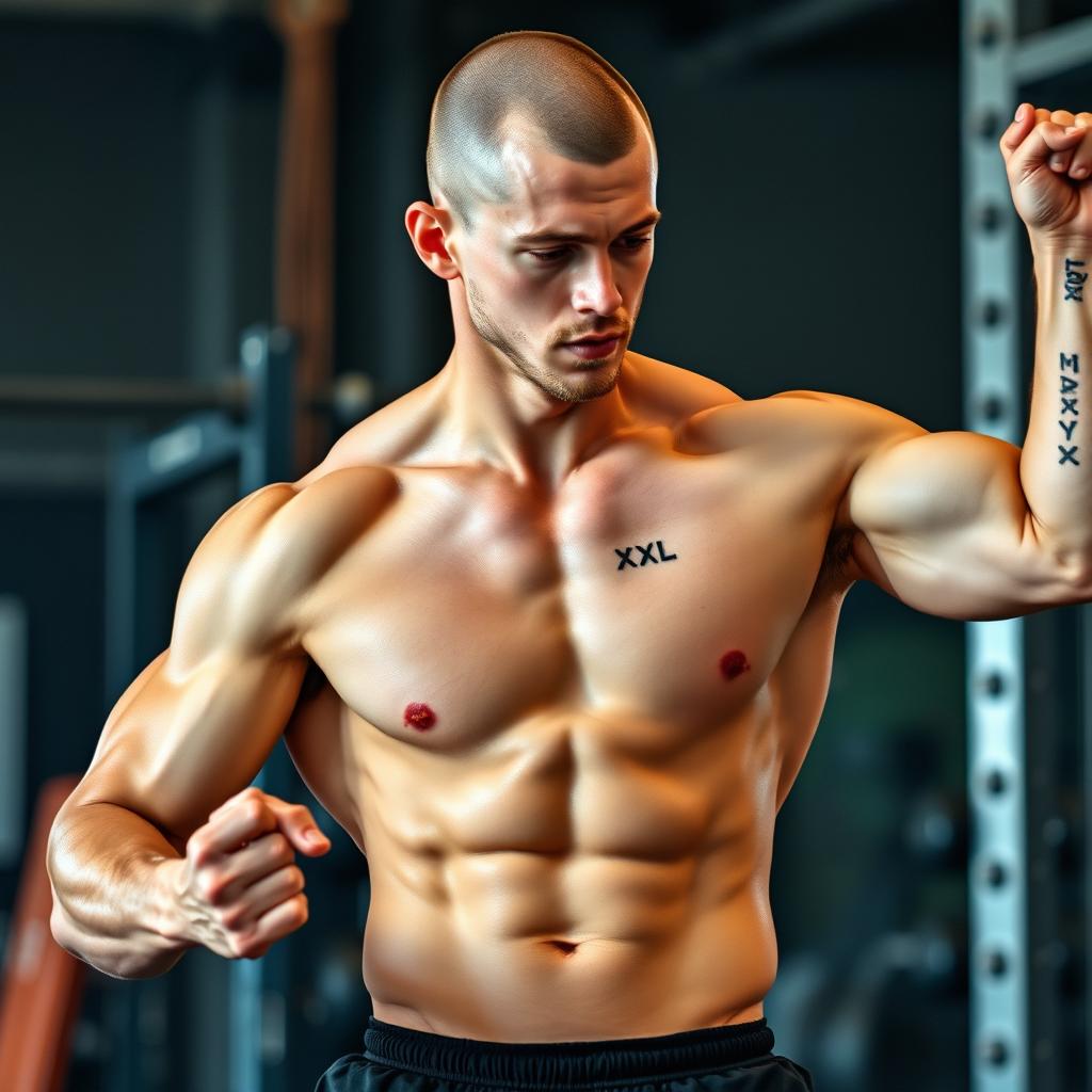 A tall, muscular young man with a buzz cut, performing a Hyrox workout
