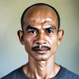 An Indonesian man with a round face, a large head, bald, broad eyebrows, a large sharp nose, thick eyebrows and curly eyelashes, big eyes and a thin mustache