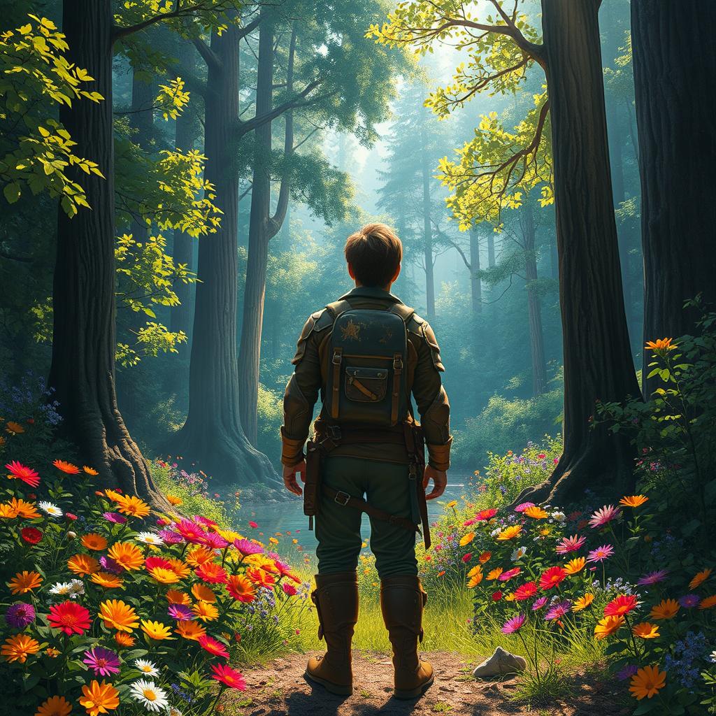 An intrepid adventurer standing at the edge of a lush, mystical forest