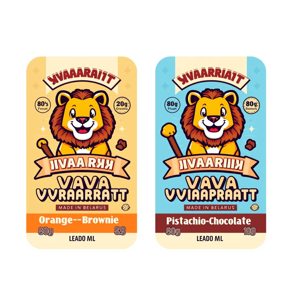 Two retro-style ice cream labels for "ЛёваКрафт" featuring the flavors: Orange-Brownie and Pistachio-Chocolate
