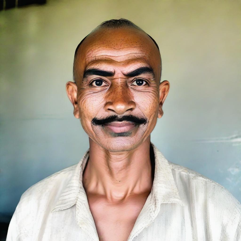 An Indonesian man with a round face, a large head, bald, broad eyebrows, a large sharp nose, thick eyebrows and curly eyelashes, big eyes and a thin mustache