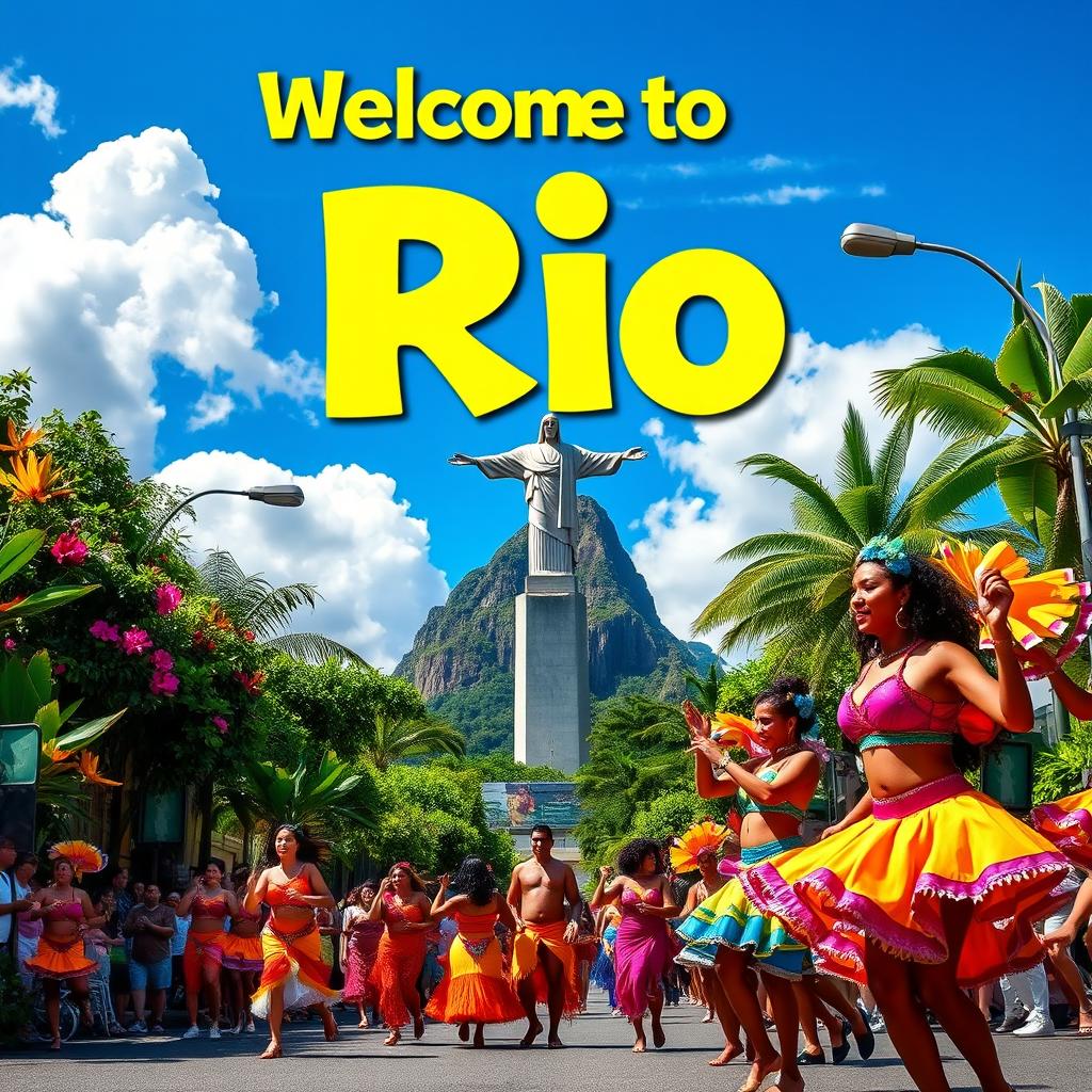 A vibrant and colorful street scene in Rio de Janeiro, Brazil, showcasing the famous statue of Christ the Redeemer in the background
