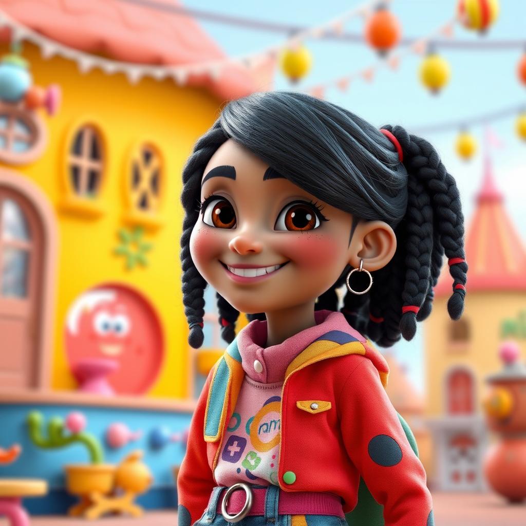 A vibrant, engaging Pixar-style character designed as a 13-year-old with white skin and beautifully braided black hair