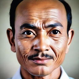 An Indonesian man with a round face, a large head, bald, broad eyebrows, a large sharp nose, thick eyebrows and curly eyelashes, big eyes and a thin mustache