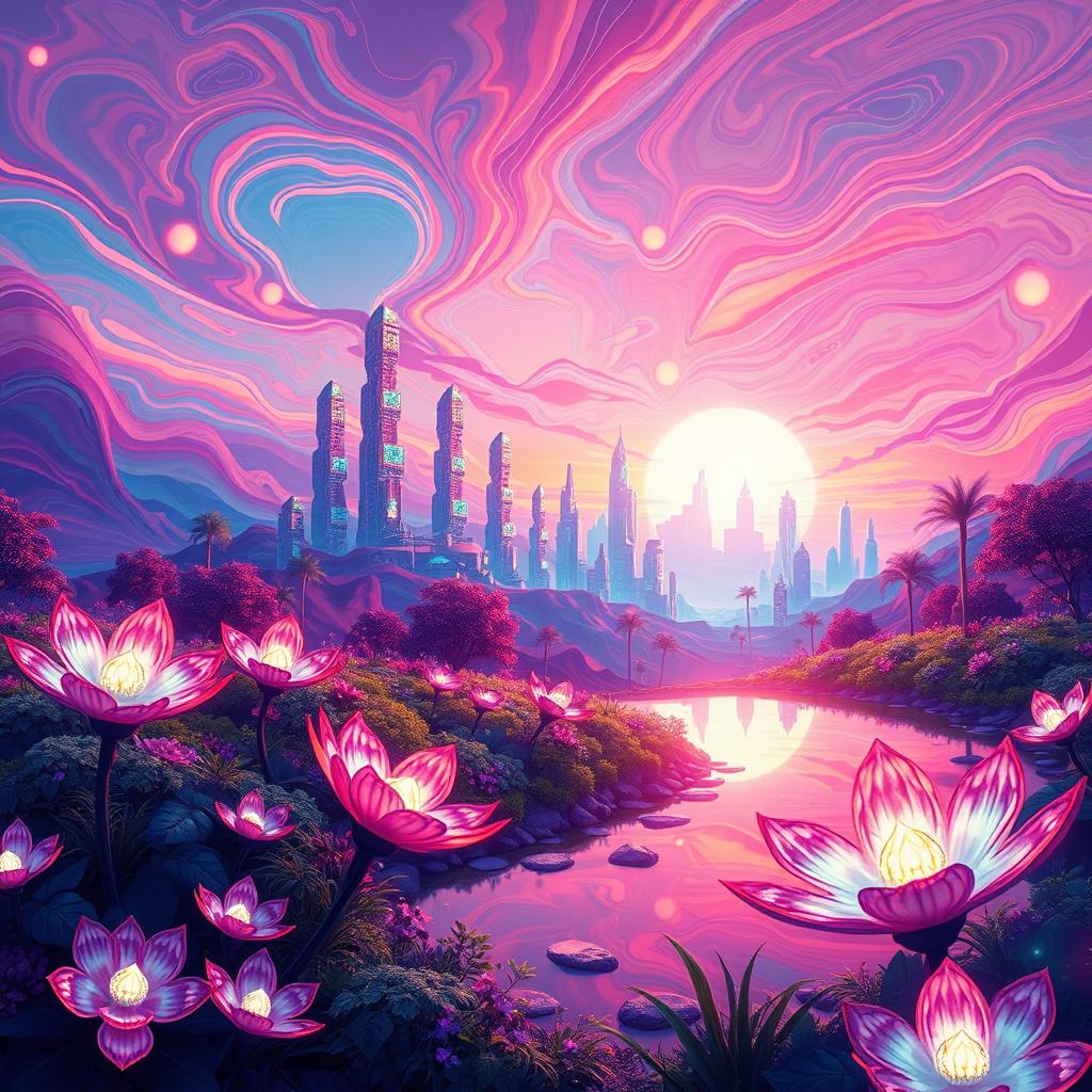 A stunning AI-generated digital artwork showcasing a vibrant, abstract landscape filled with swirling colors and geometric patterns
