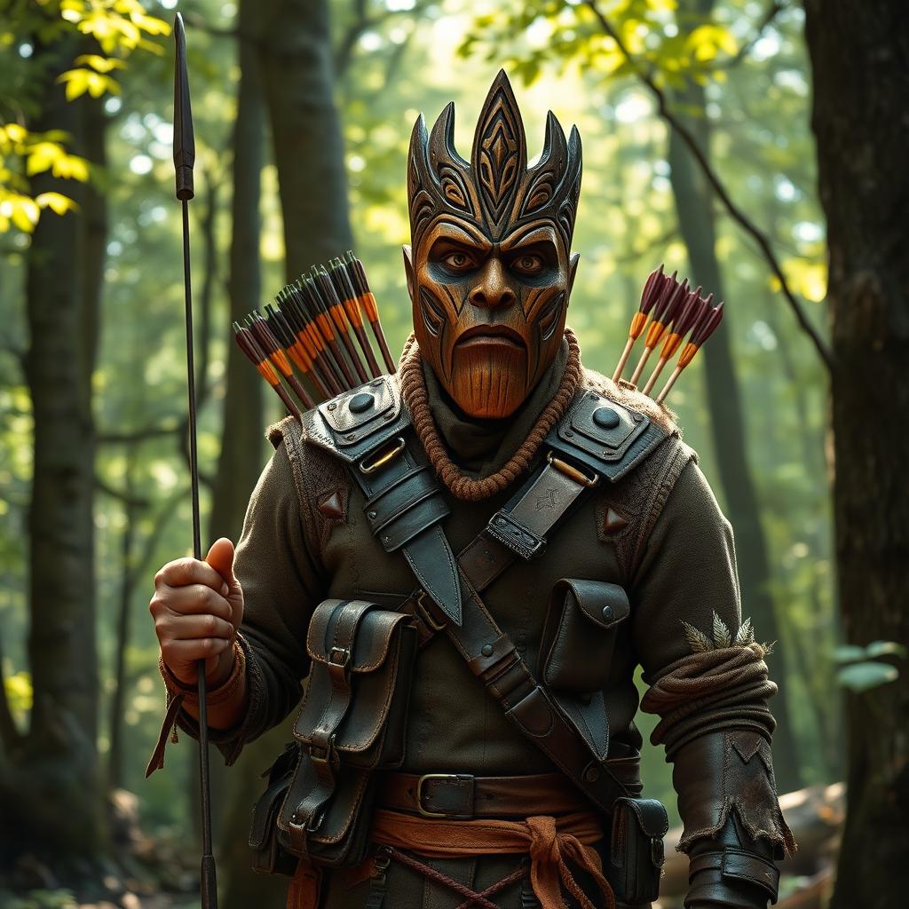 A male Dungeons & Dragons hunter standing confidently in an enchanting forest