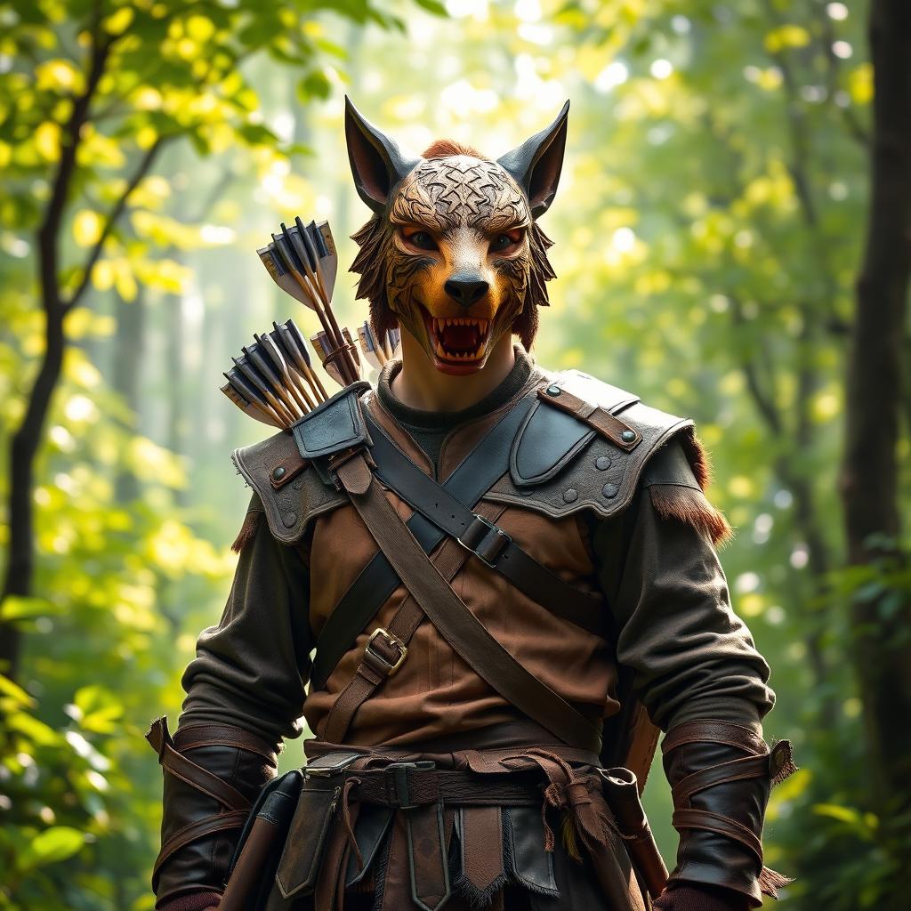 A male Dungeons & Dragons hunter standing confidently in a vibrant forest