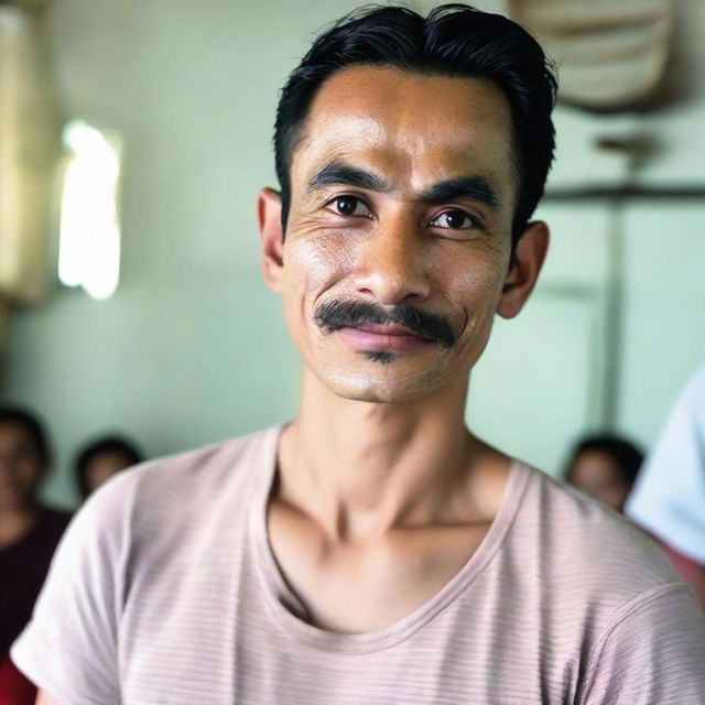 A 27-year-old Indonesian man with a round face, a large head, bald, broad eyebrows, a large sharp nose, thick eyebrows, curly eyelashes with big eyes, and a thin mustache